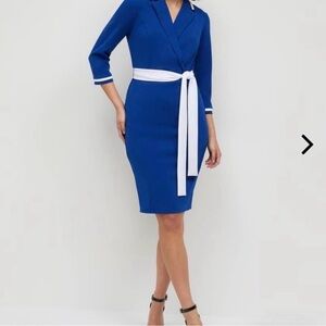 NY & Company XXL Royal Blue Belted Wrap Dress with White Trim